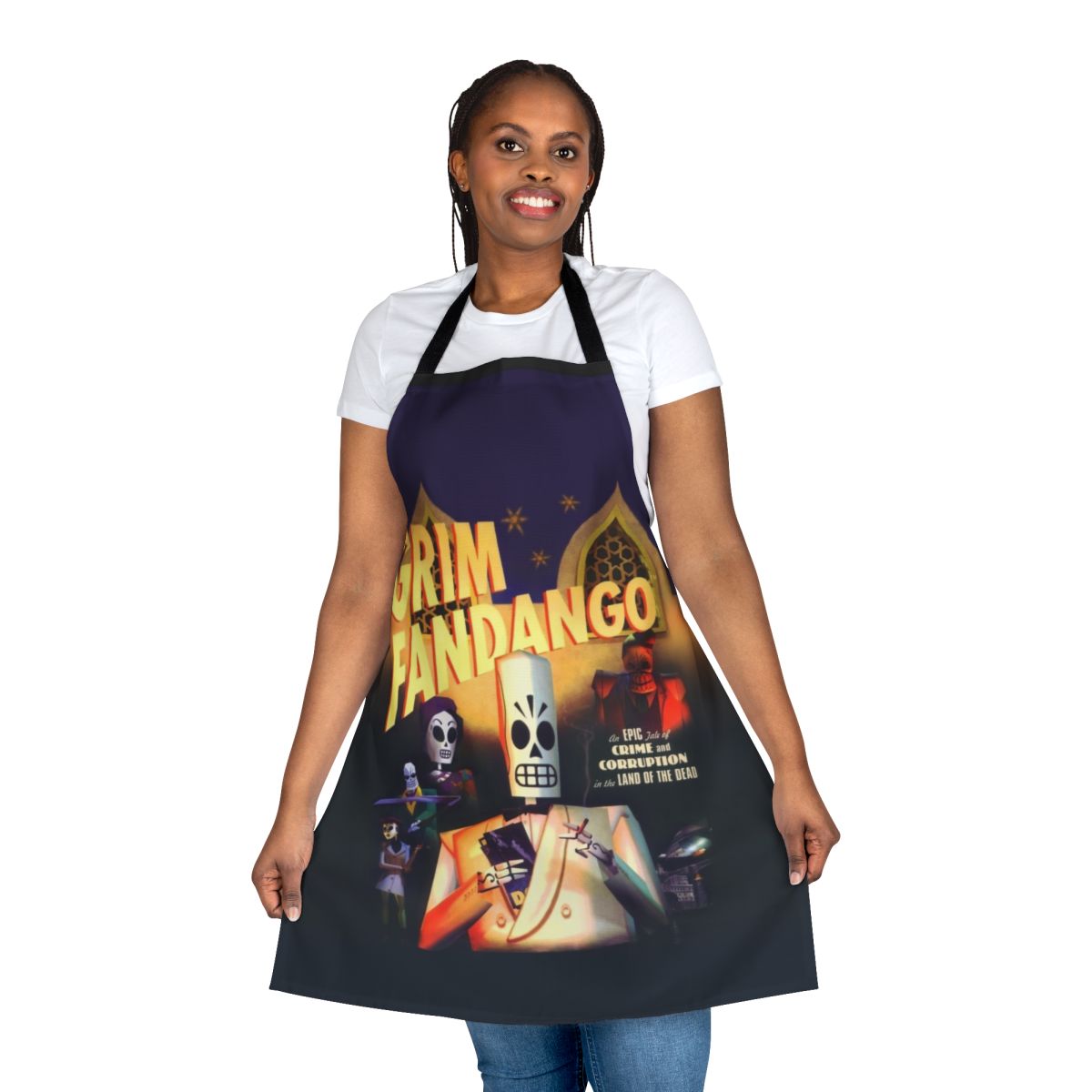 Grim Fandango inspired apron featuring retro pixel art design
