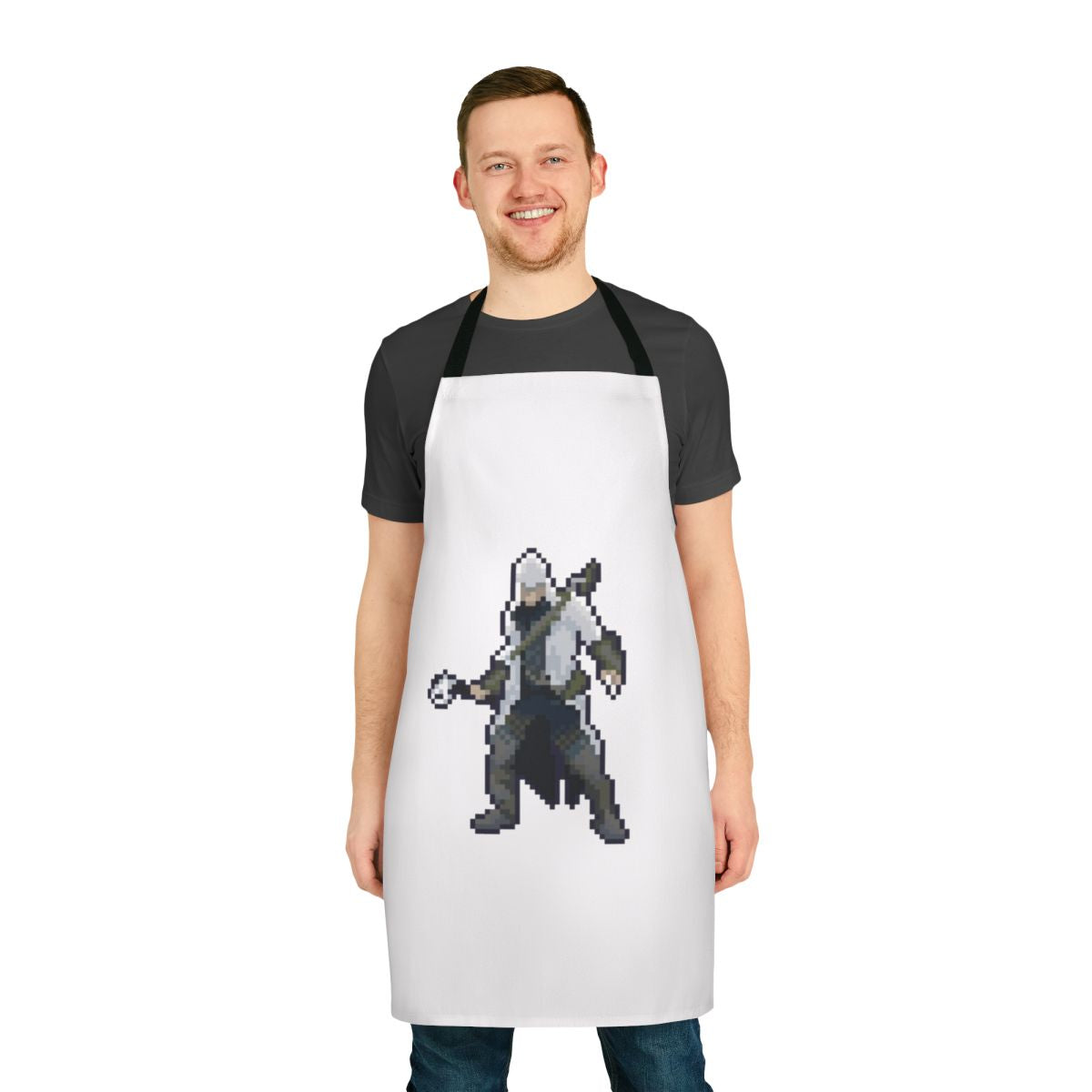 Retro pixel art inspired apron with Assassin's Creed Connor design