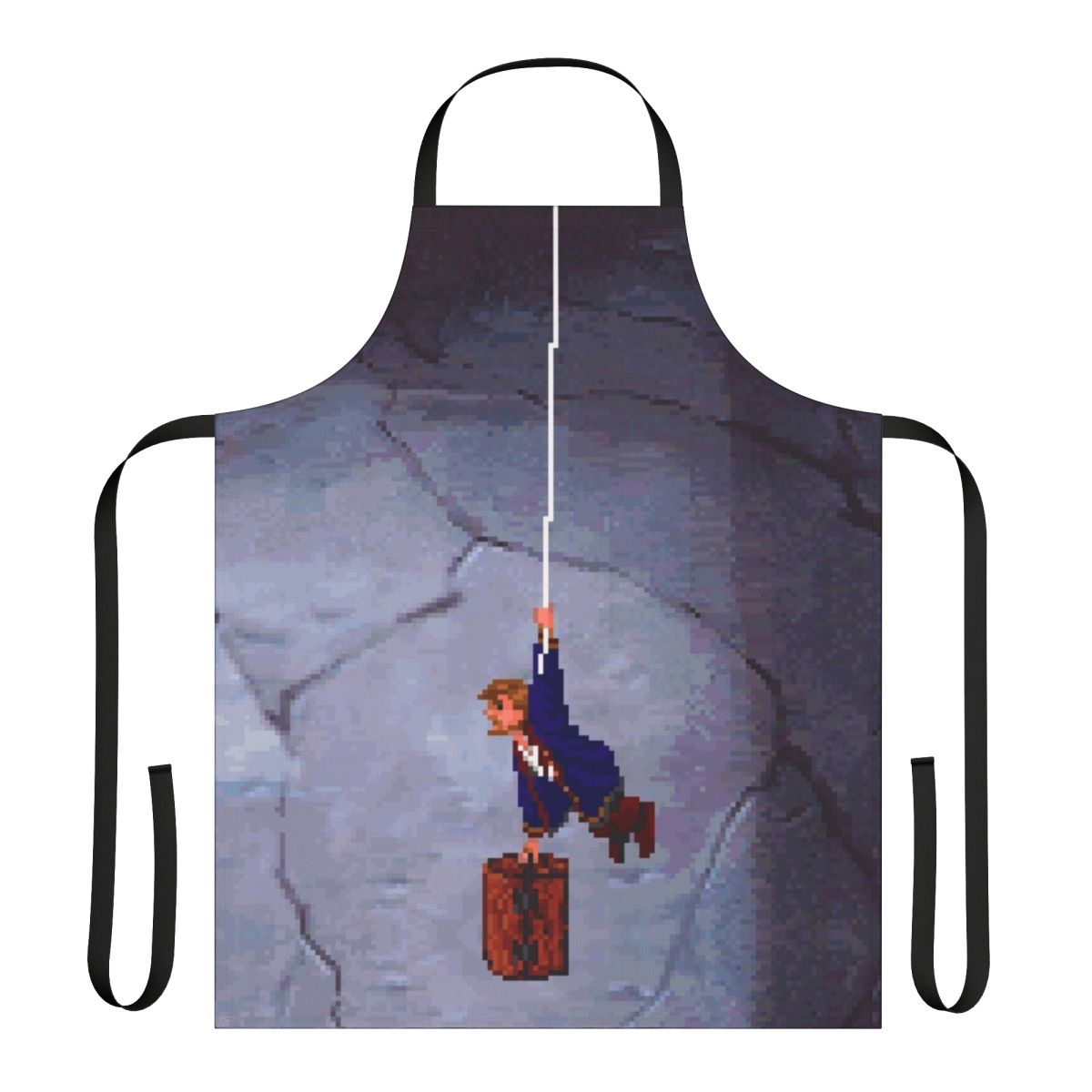 "Retro pixel art Monkey Island-inspired cooking apron"