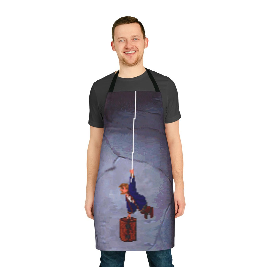 "Retro pixel art Monkey Island-inspired cooking apron"