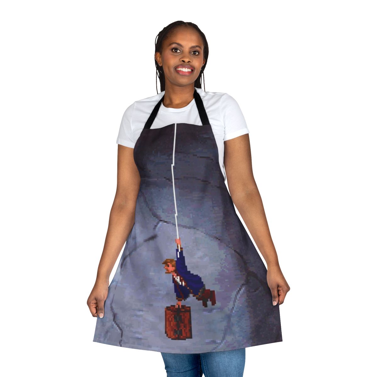 "Retro pixel art Monkey Island-inspired cooking apron"