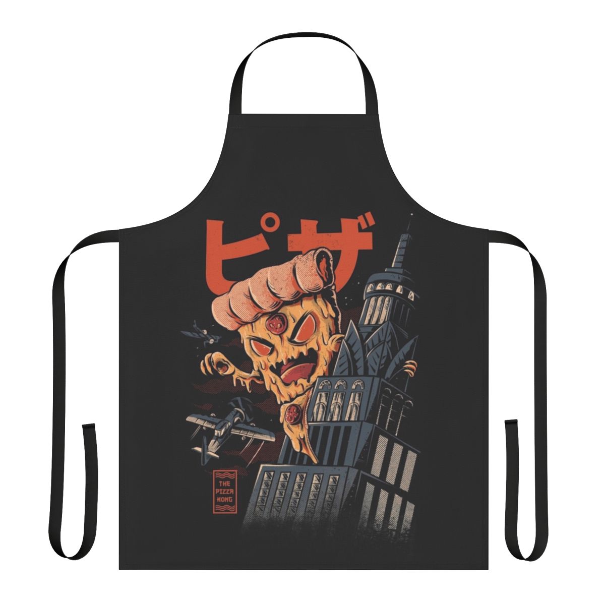 Retro pizza-themed apron with kaiju, anime, and vintage inspired design