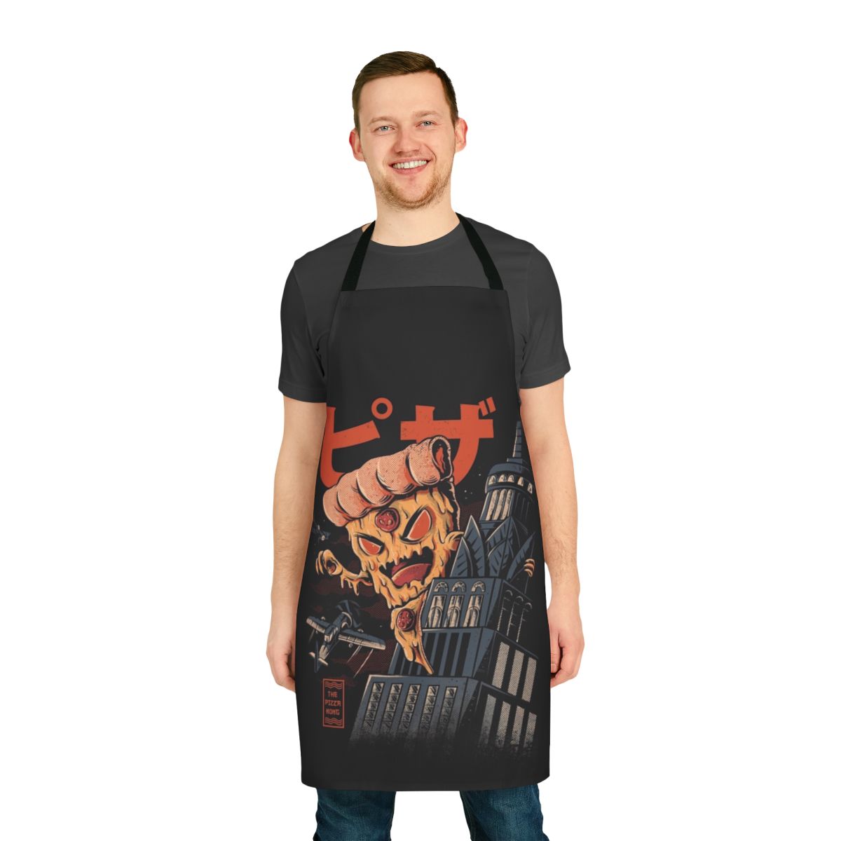 Retro pizza-themed apron with kaiju, anime, and vintage inspired design
