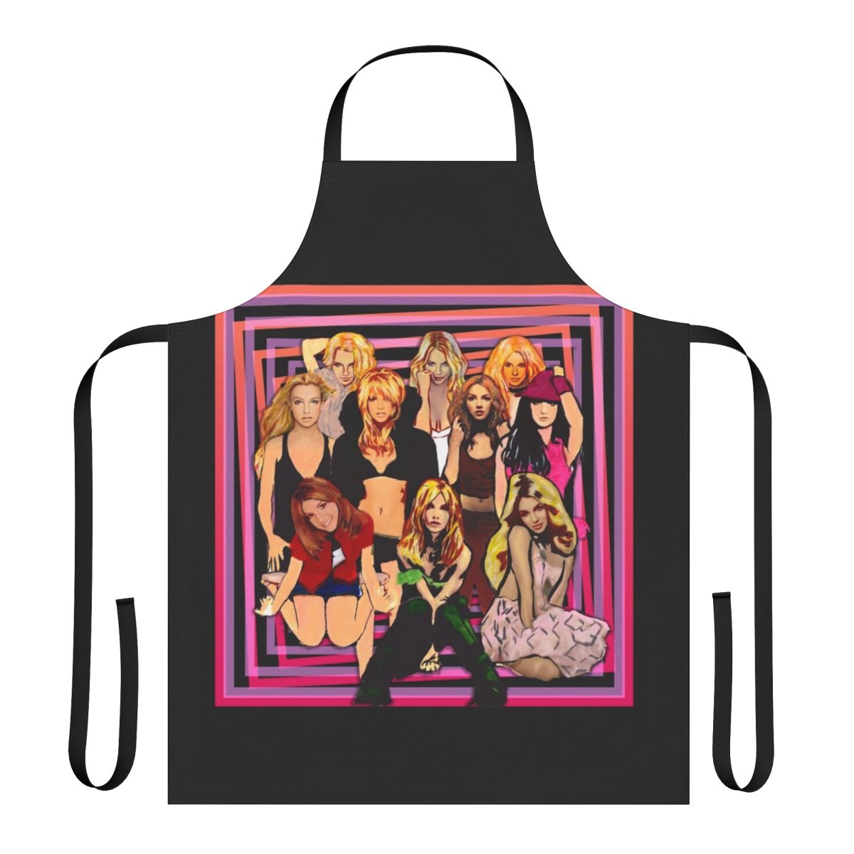 An apron featuring a collage of iconic 90s pop music album covers and pop culture imagery.