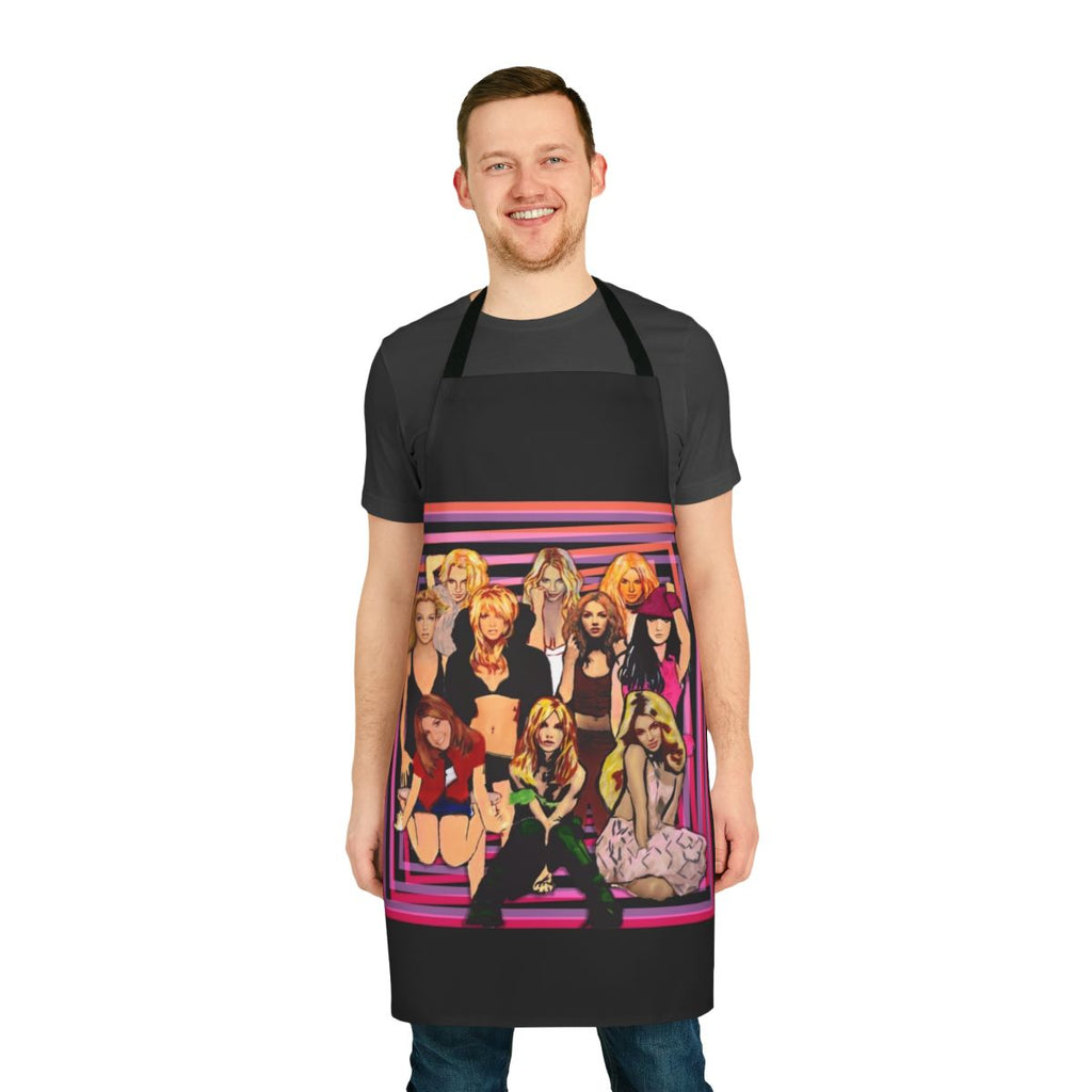 An apron featuring a collage of iconic 90s pop music album covers and pop culture imagery.