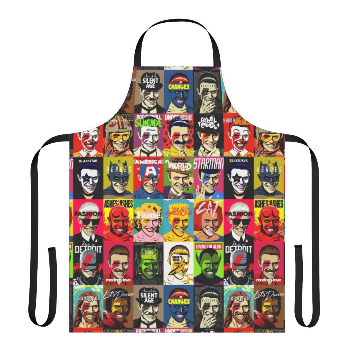 Colorful retro pop art style apron with 1980s and 1970s pop culture mashup design