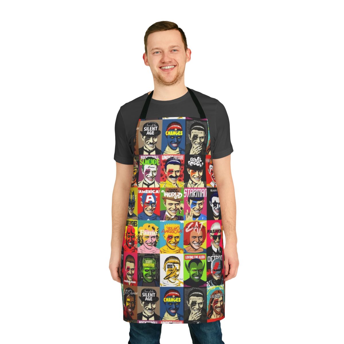 Colorful retro pop art style apron with 1980s and 1970s pop culture mashup design