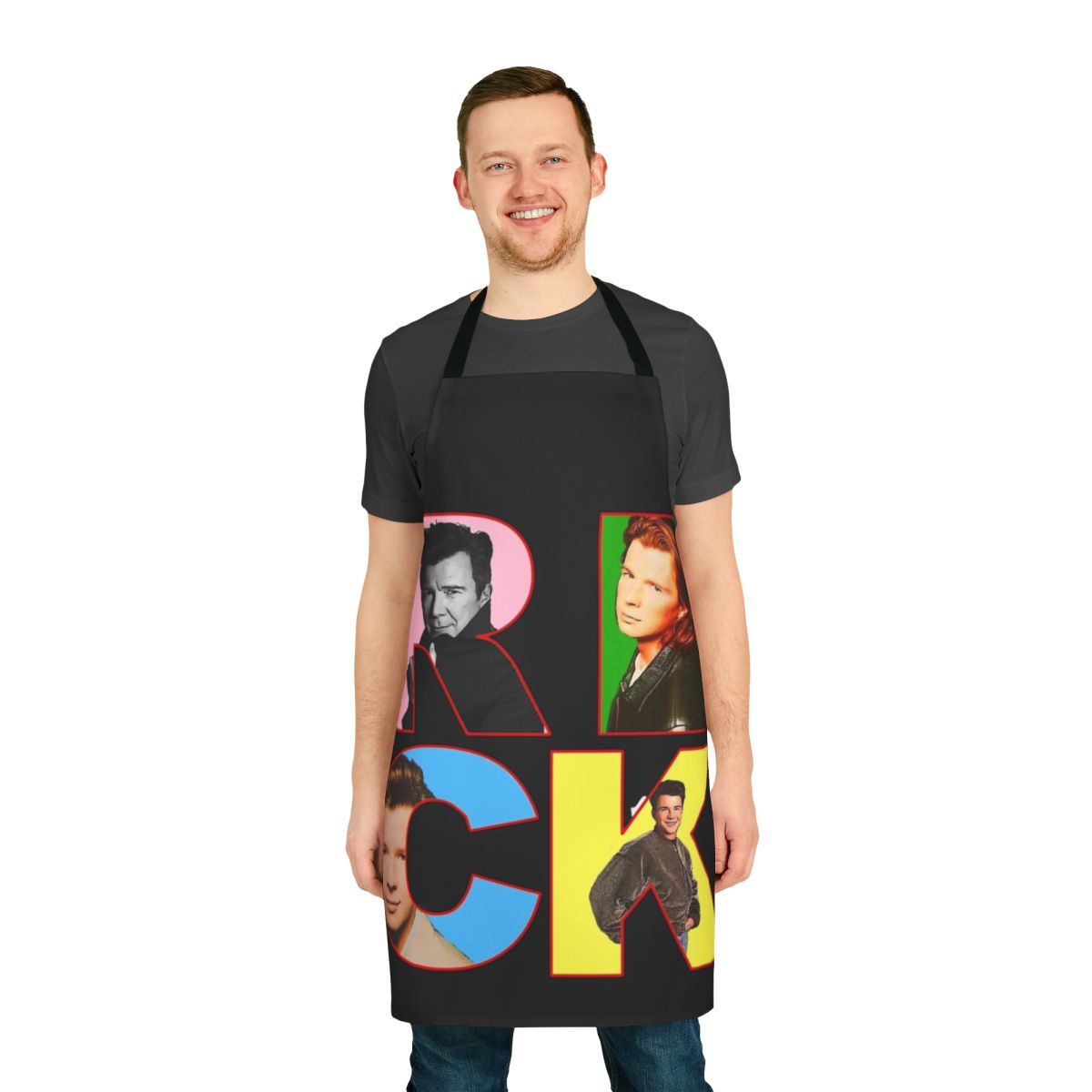 Vibrant pop art style apron depicting the iconic singer Rick Astley