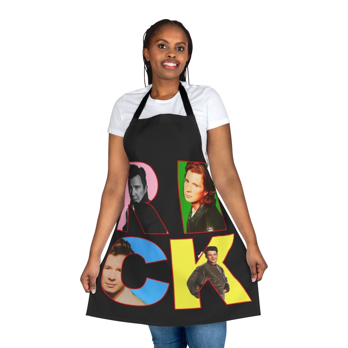 Vibrant pop art style apron depicting the iconic singer Rick Astley
