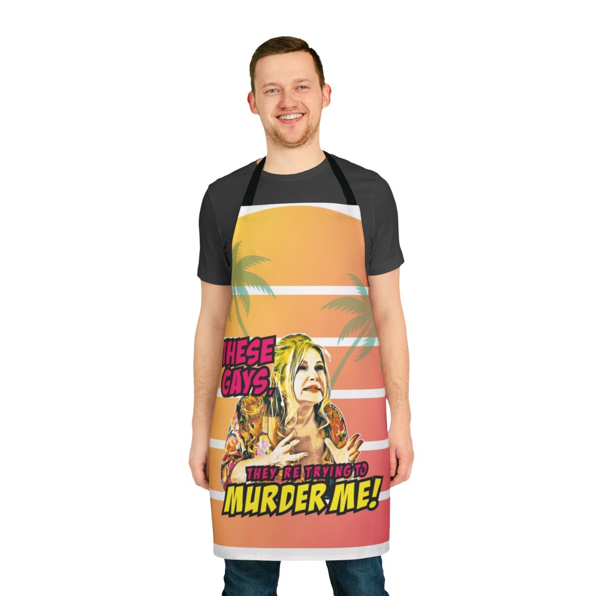 "Retro pop art style apron featuring a comedic design inspired by the TV series The White Lotus and actress Jennifer Coolidge"