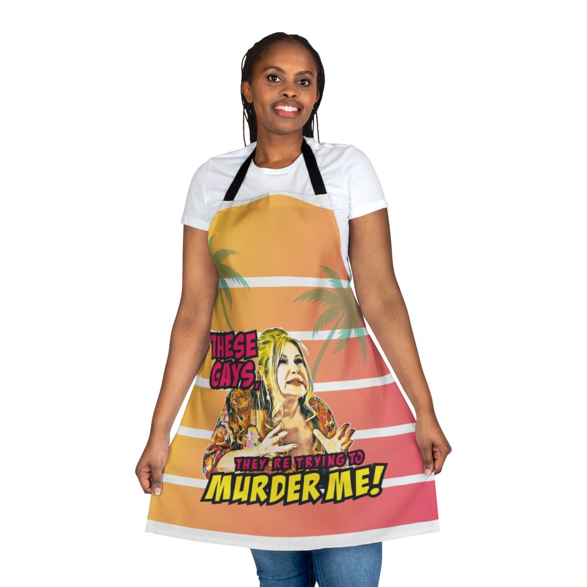 "Retro pop art style apron featuring a comedic design inspired by the TV series The White Lotus and actress Jennifer Coolidge"
