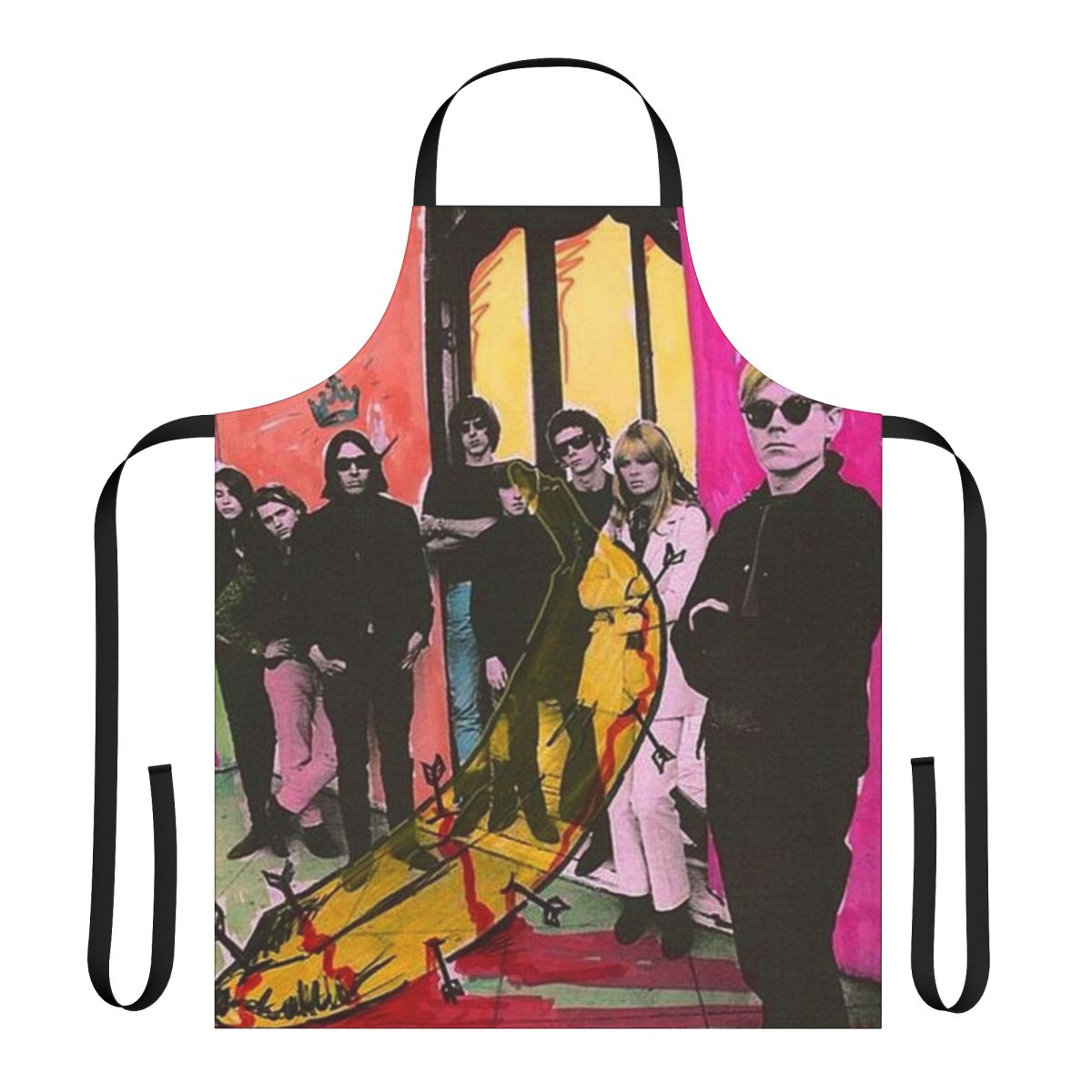 Vibrant apron featuring Andy Warhol's iconic Velvet Underground banana logo in a pop art style