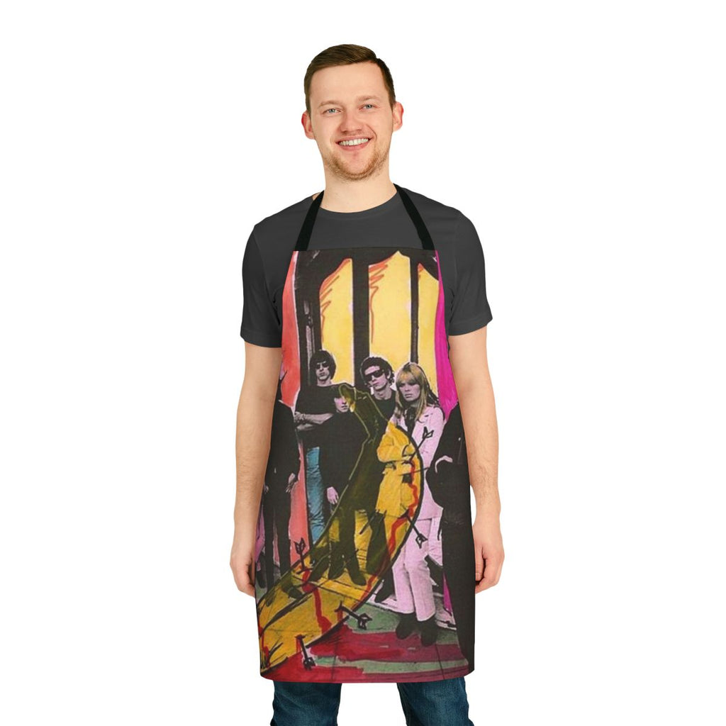 Vibrant apron featuring Andy Warhol's iconic Velvet Underground banana logo in a pop art style