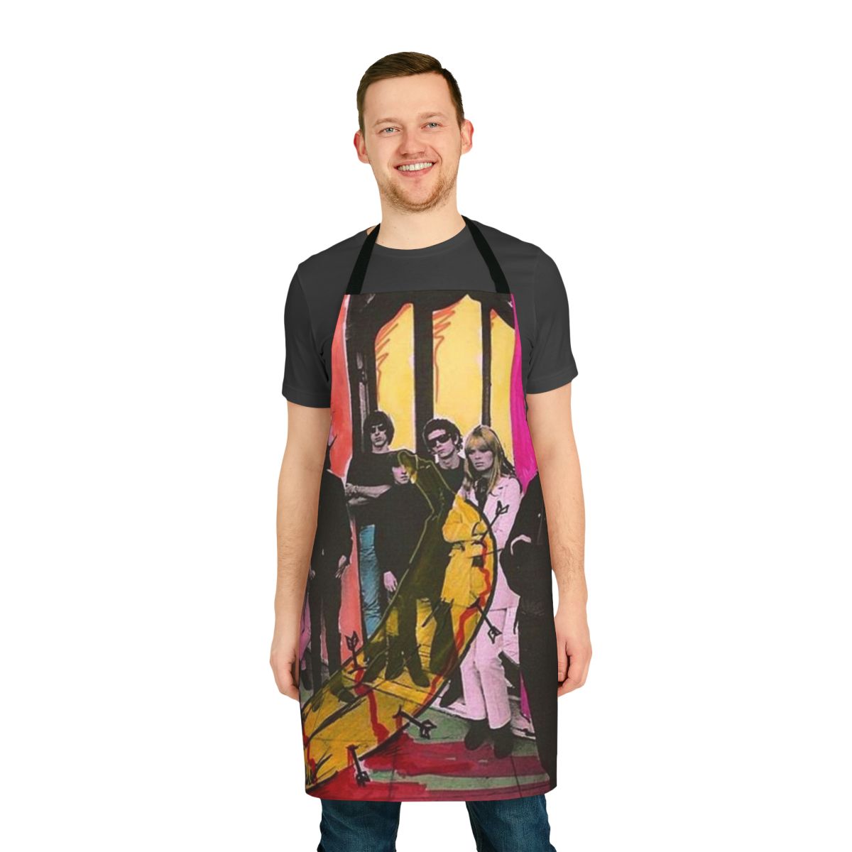 Vibrant apron featuring Andy Warhol's iconic Velvet Underground banana logo in a pop art style