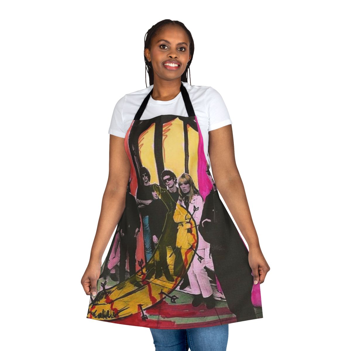 Vibrant apron featuring Andy Warhol's iconic Velvet Underground banana logo in a pop art style