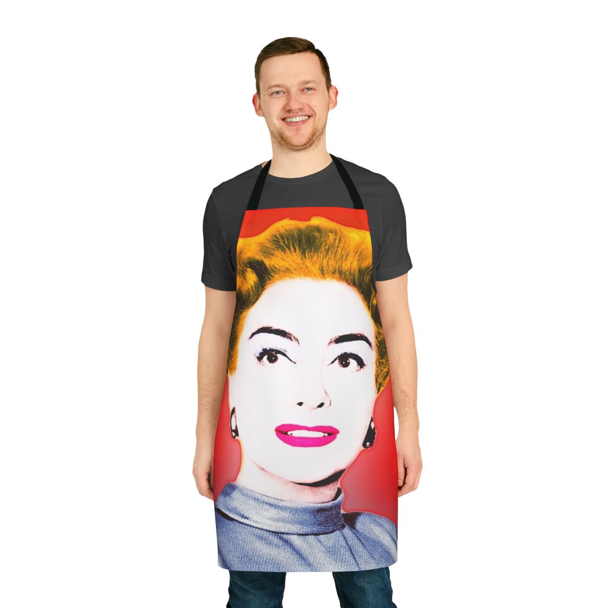 Vibrant pop art-style apron featuring a portrait of legendary Hollywood actress Joan Crawford
