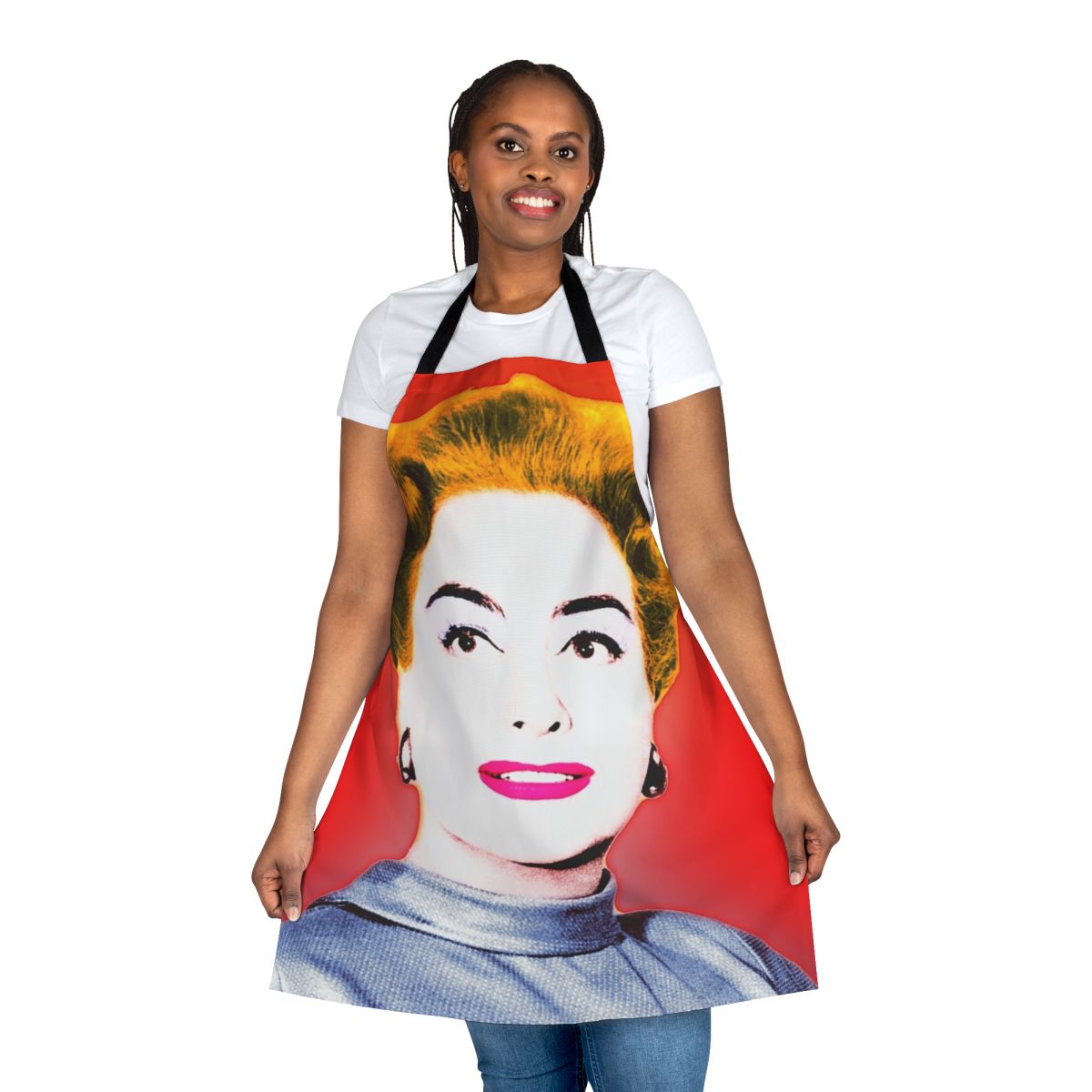 Vibrant pop art-style apron featuring a portrait of legendary Hollywood actress Joan Crawford