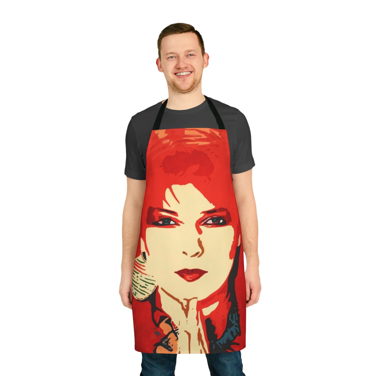 Vibrant and colorful pop art style apron featuring Toyah Wilcox, an iconic 1980s British singer and musician.
