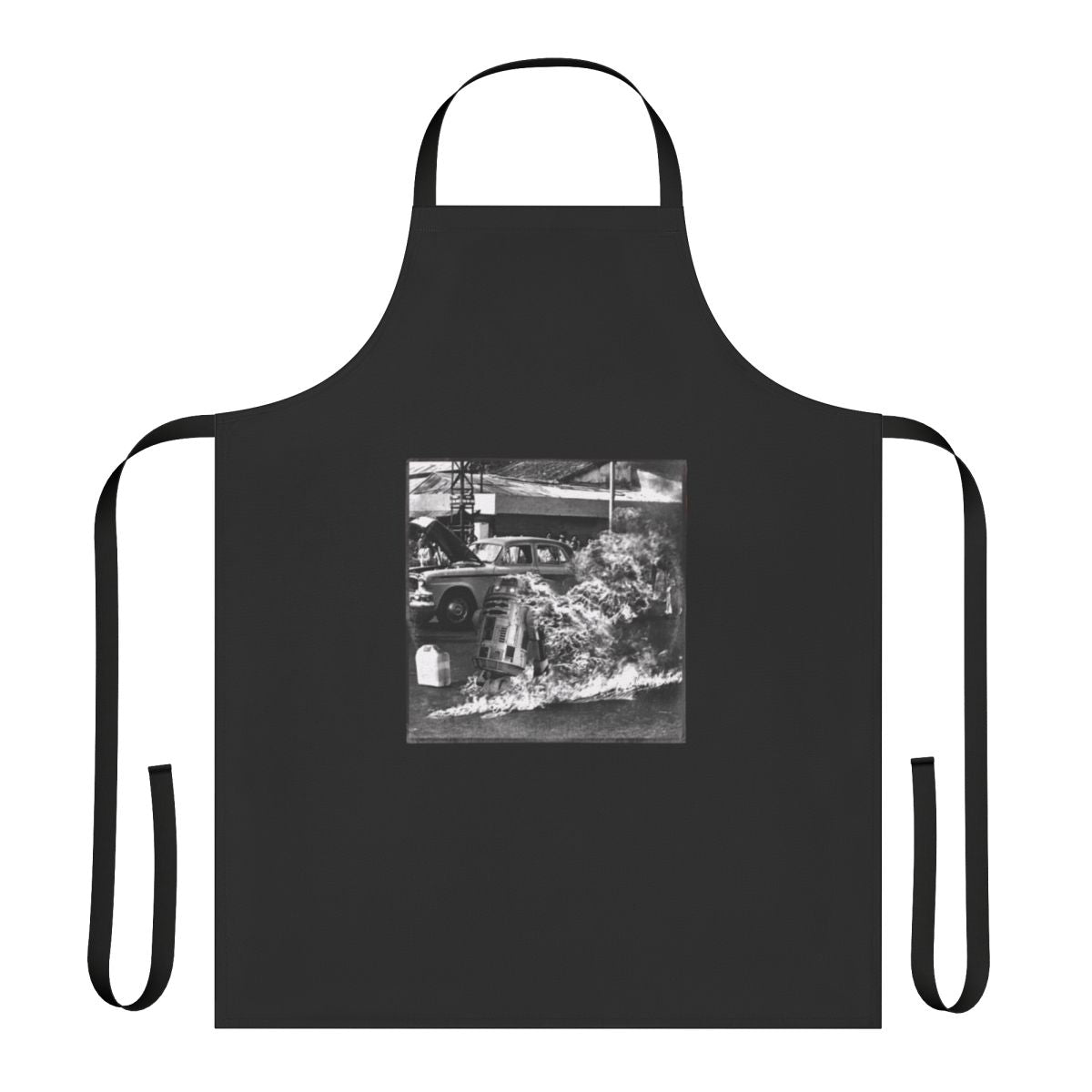 A vibrant square apron featuring a pop art design inspired by vintage vinyl records.