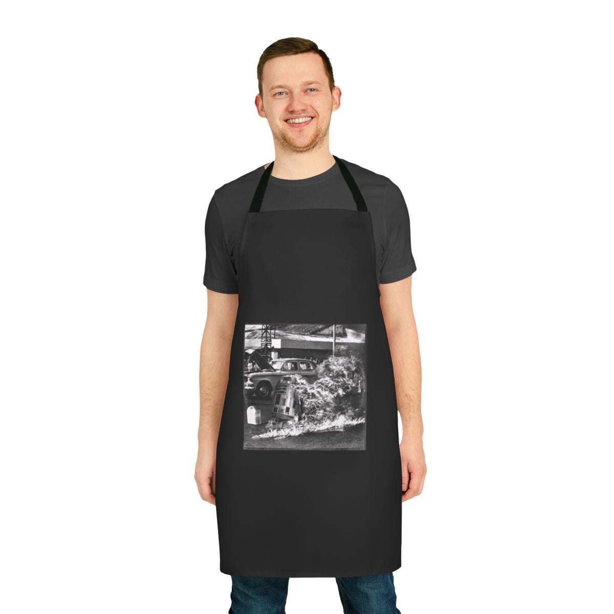 A vibrant square apron featuring a pop art design inspired by vintage vinyl records.