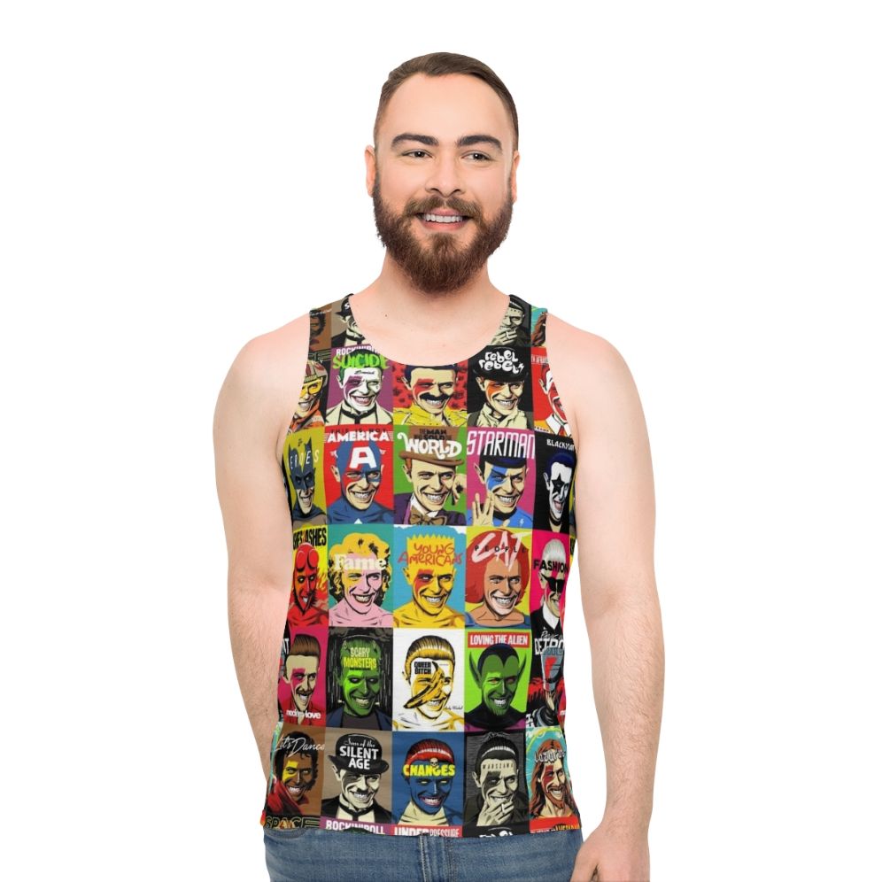 Retro pop art unisex tank top with 80s and 70s fashion mashup