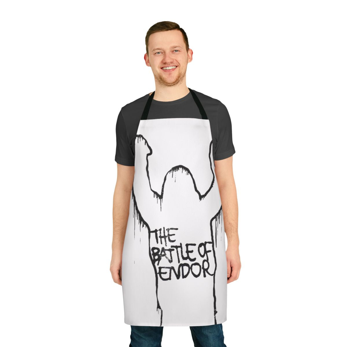 Retro pop art vinyl record mashup design on a durable kitchen apron