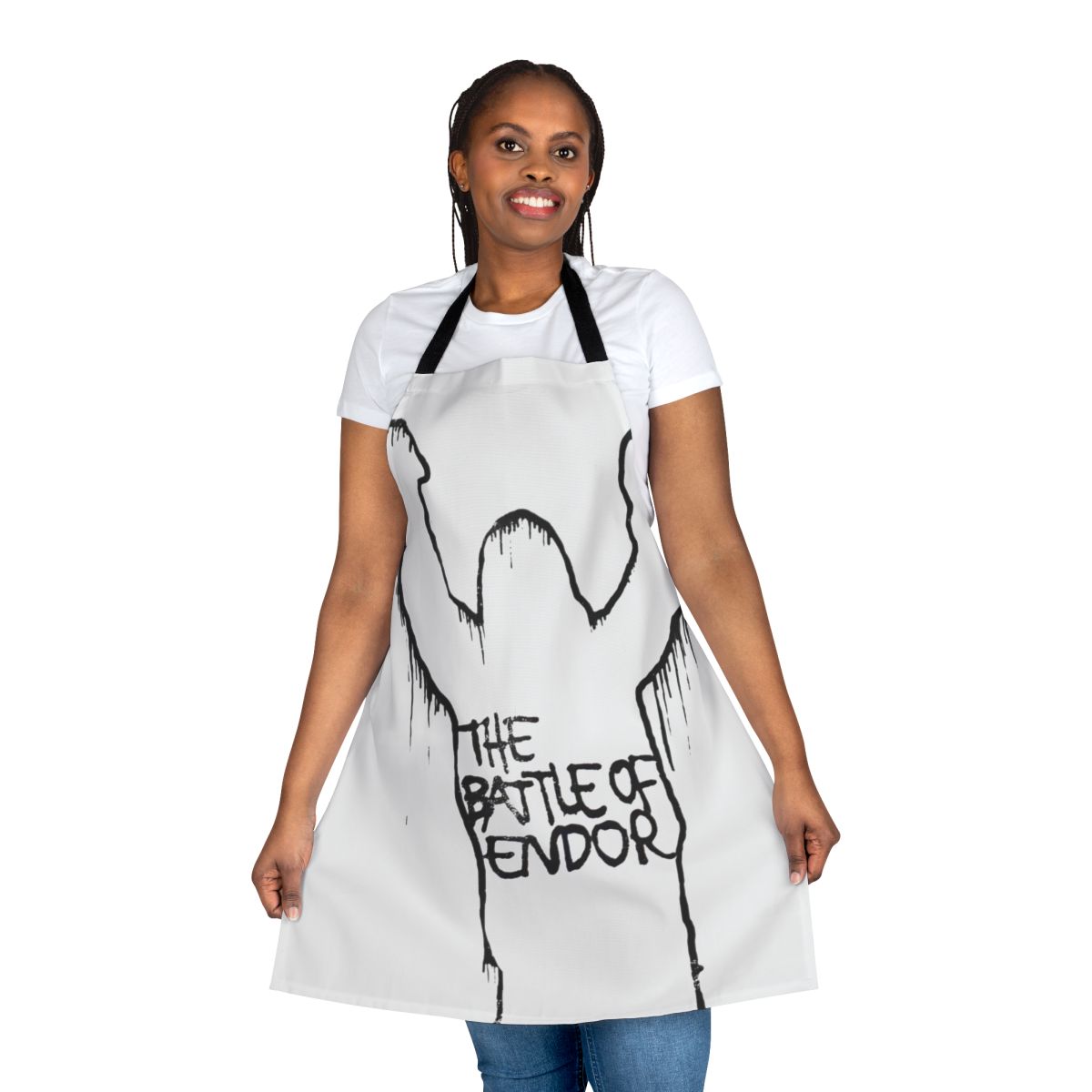 Retro pop art vinyl record mashup design on a durable kitchen apron