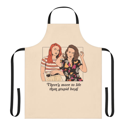 Retro-style apron featuring pop culture references and feminist themes