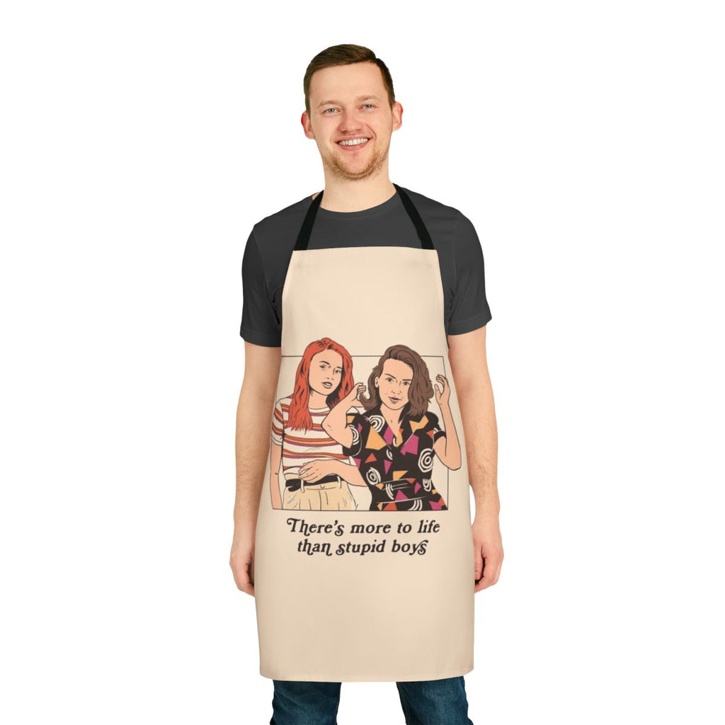 Retro-style apron featuring pop culture references and feminist themes