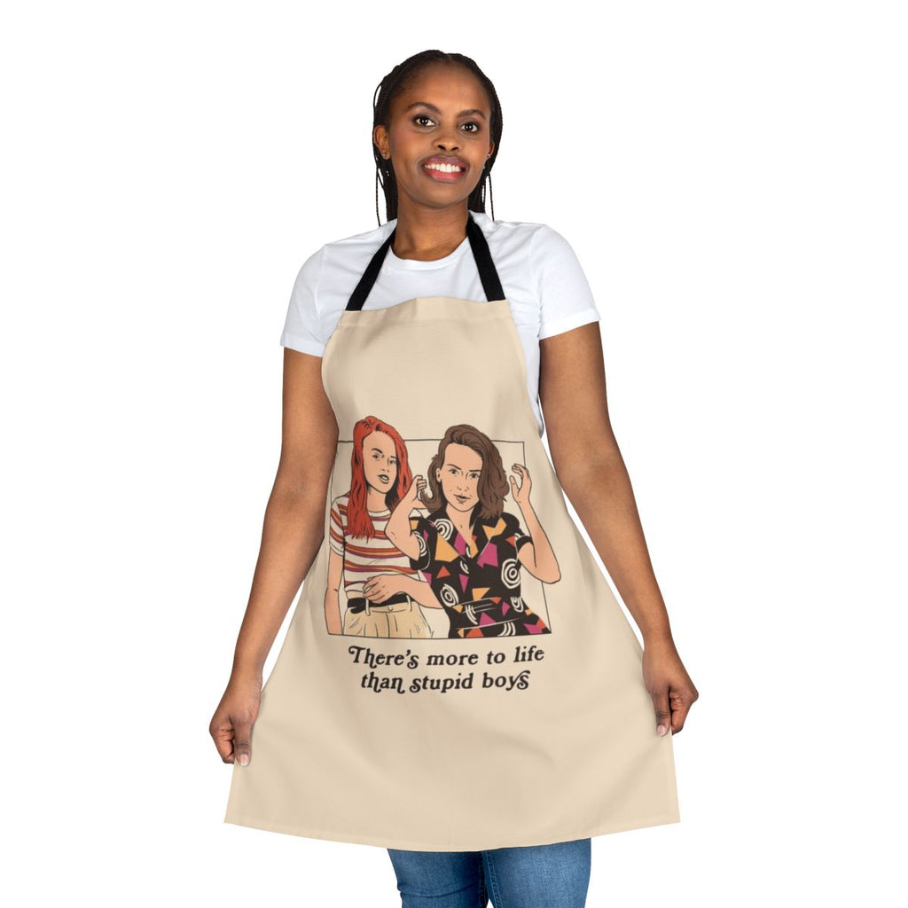 Retro-style apron featuring pop culture references and feminist themes