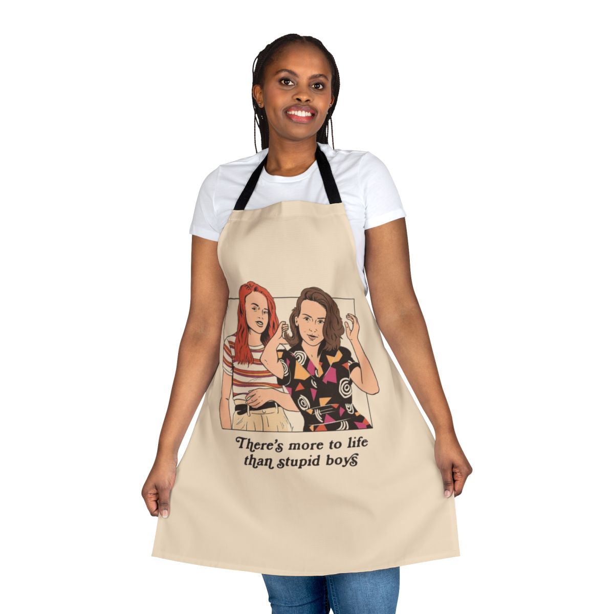 Retro-style apron featuring pop culture references and feminist themes