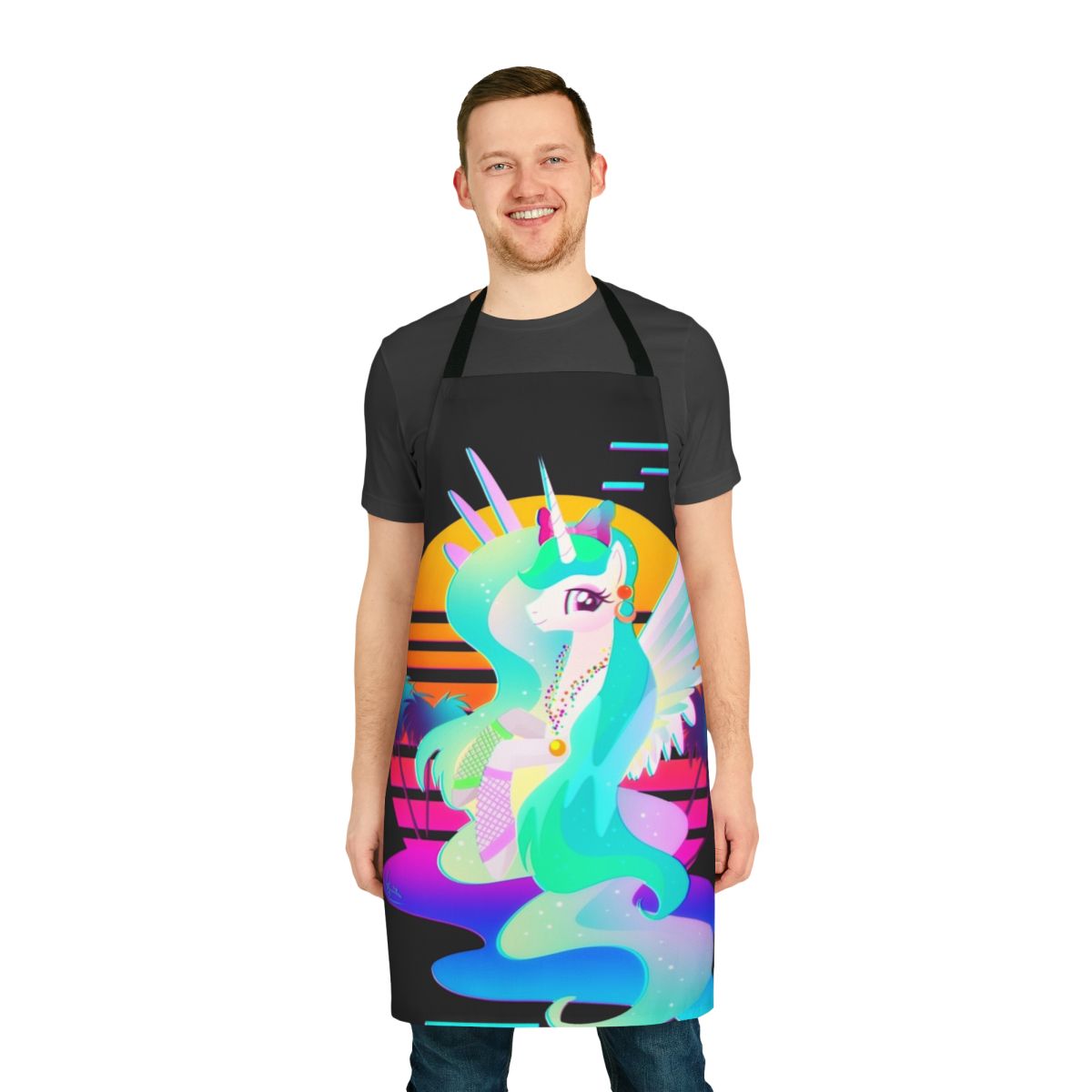 Synthwave-themed apron featuring Princess Celestia from My Little Pony: Friendship is Magic