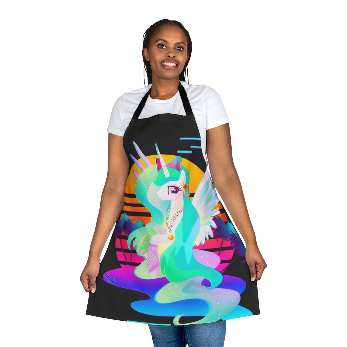 Synthwave-themed apron featuring Princess Celestia from My Little Pony: Friendship is Magic