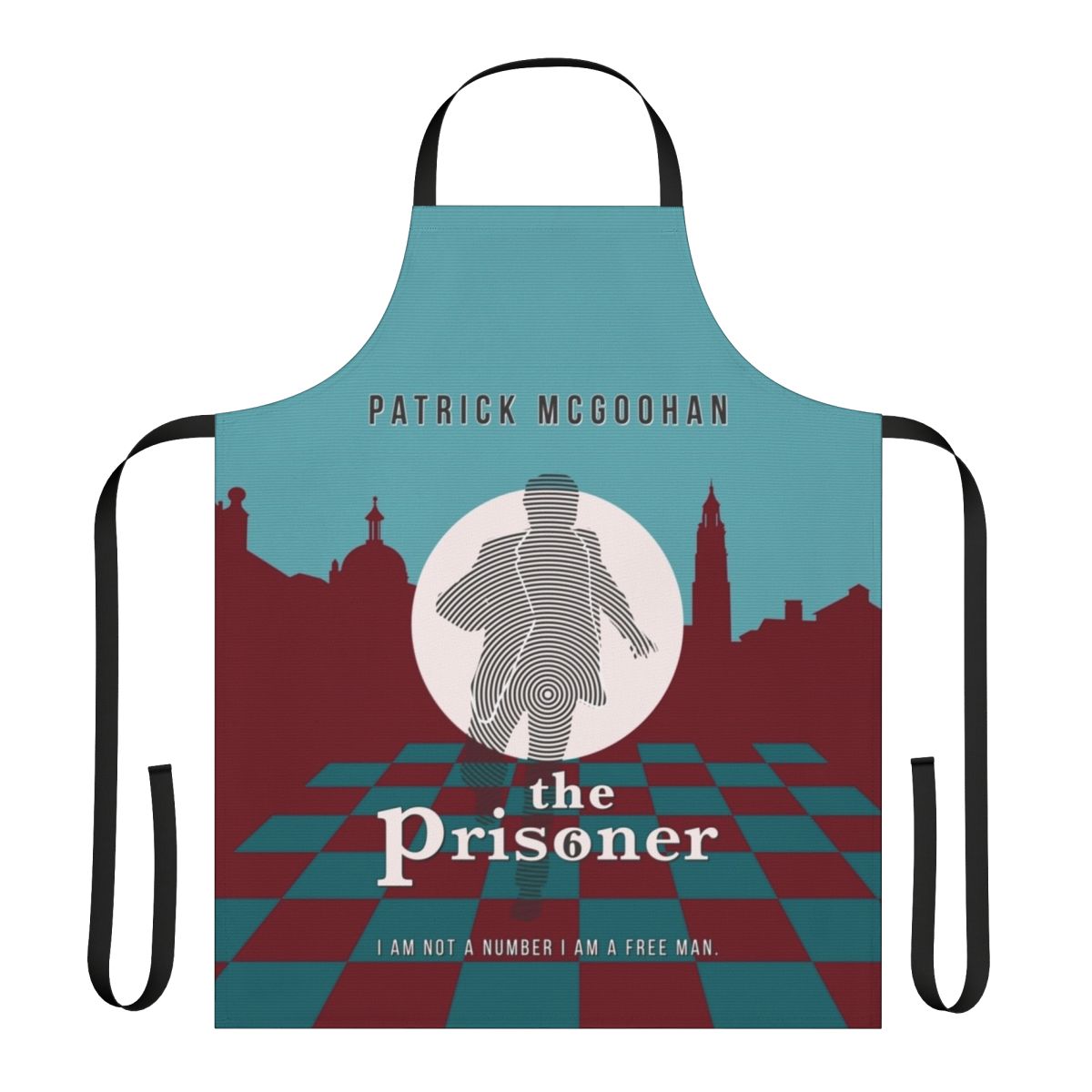 Retro "The Prisoner" inspired apron featuring iconic imagery from the classic 1960s TV series