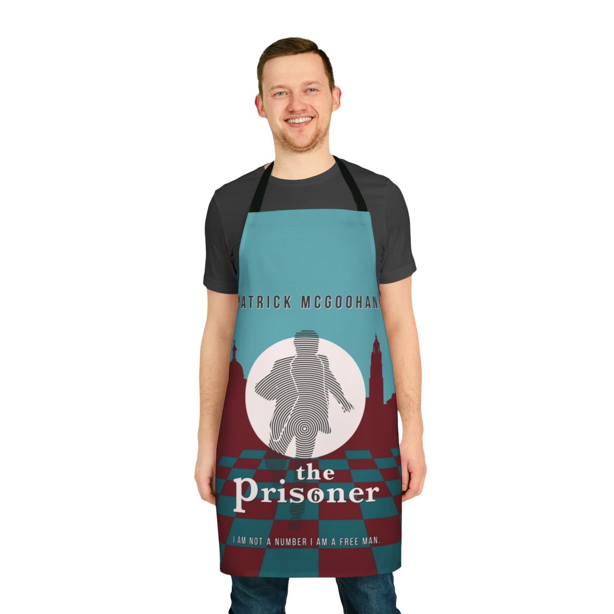 Retro "The Prisoner" inspired apron featuring iconic imagery from the classic 1960s TV series
