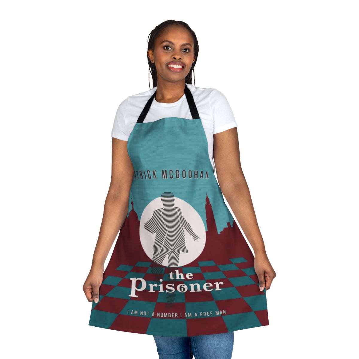 Retro "The Prisoner" inspired apron featuring iconic imagery from the classic 1960s TV series