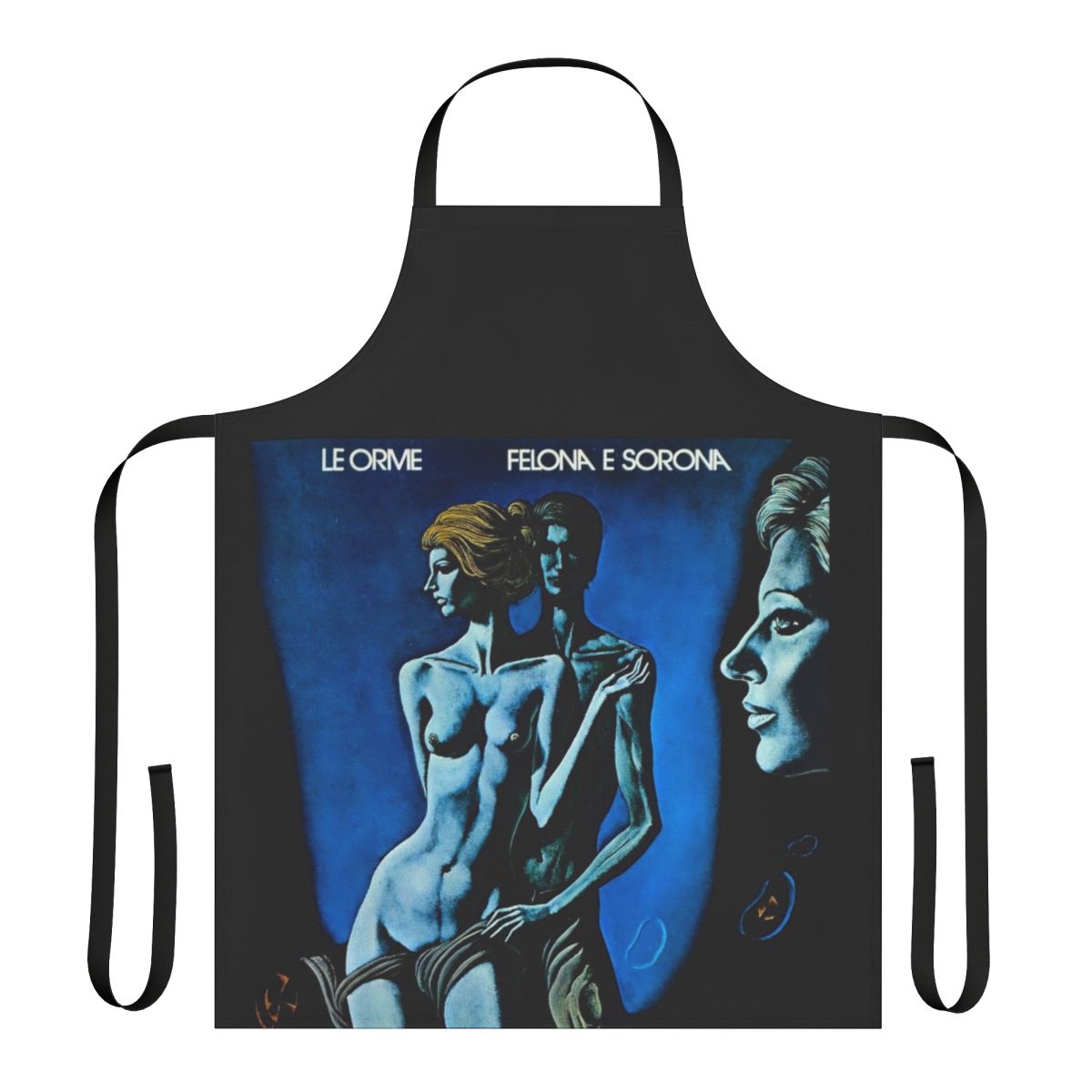 Retro progressive rock-themed apron with Felona & Sorona artwork