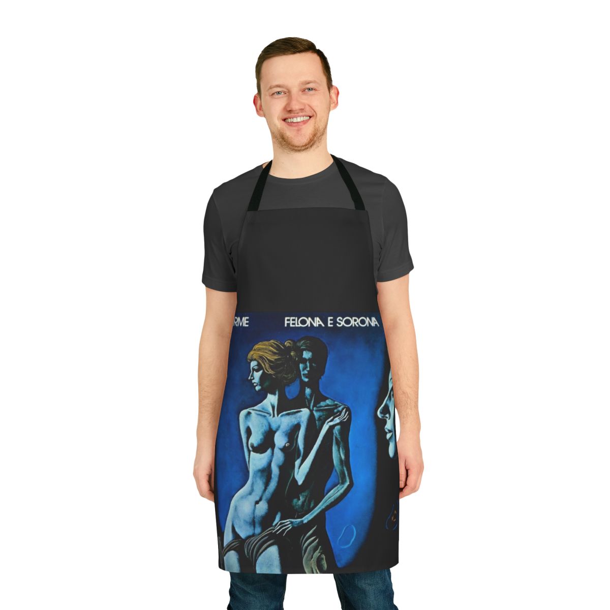 Retro progressive rock-themed apron with Felona & Sorona artwork