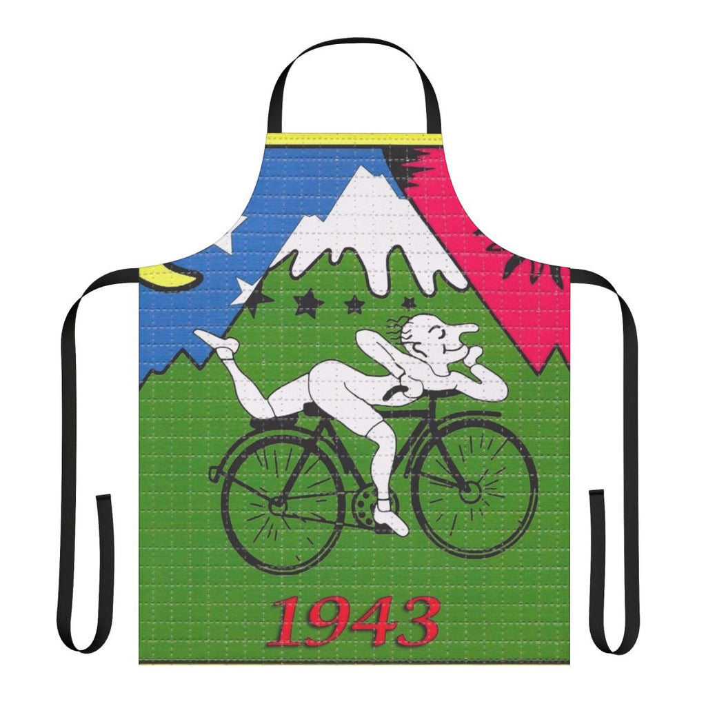 Apron featuring a retro-style design with the words "Bicycle Day" and an illustration of a bicycle, inspired by the discovery of LSD by Albert Hofmann.
