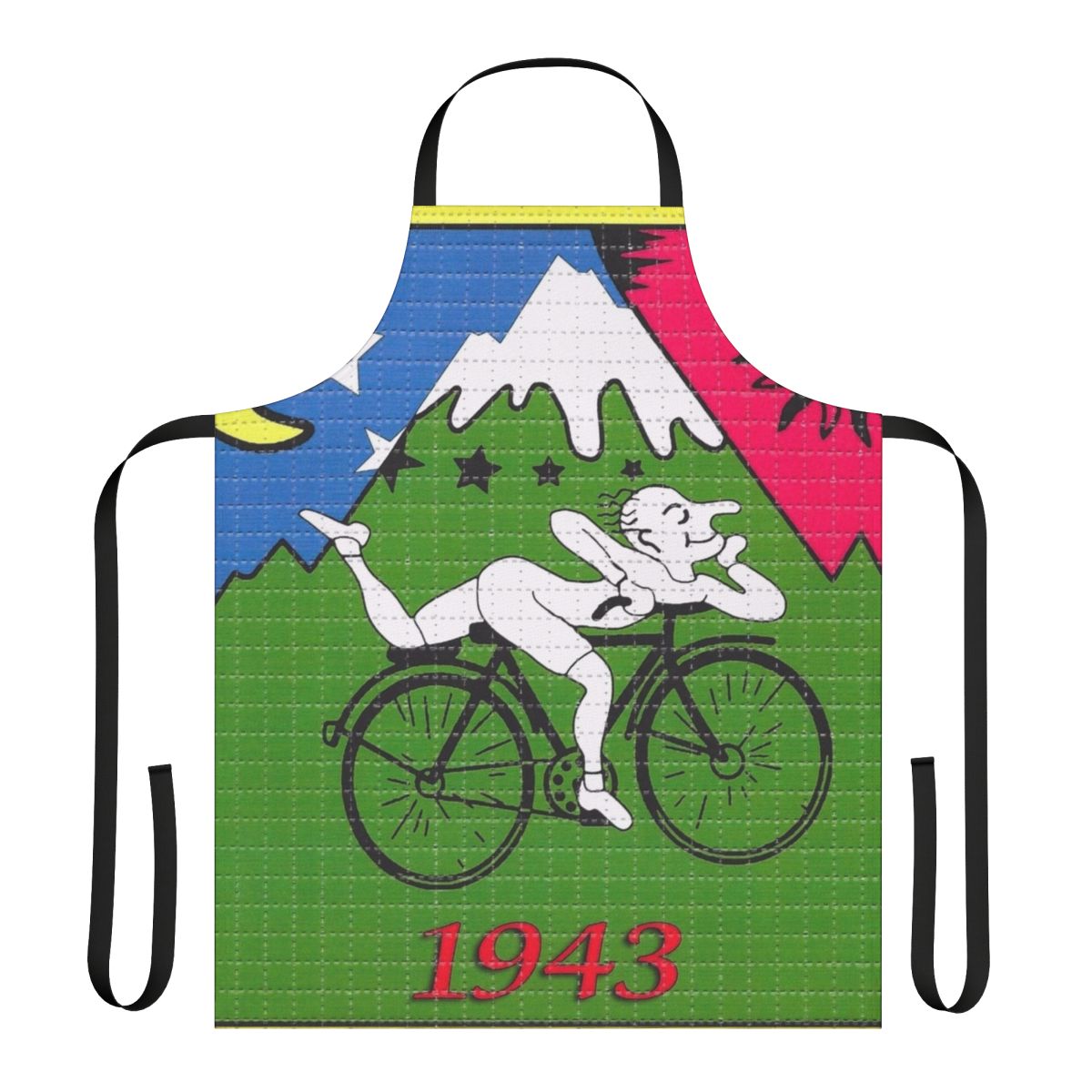Apron featuring a retro-style design with the words "Bicycle Day" and an illustration of a bicycle, inspired by the discovery of LSD by Albert Hofmann.
