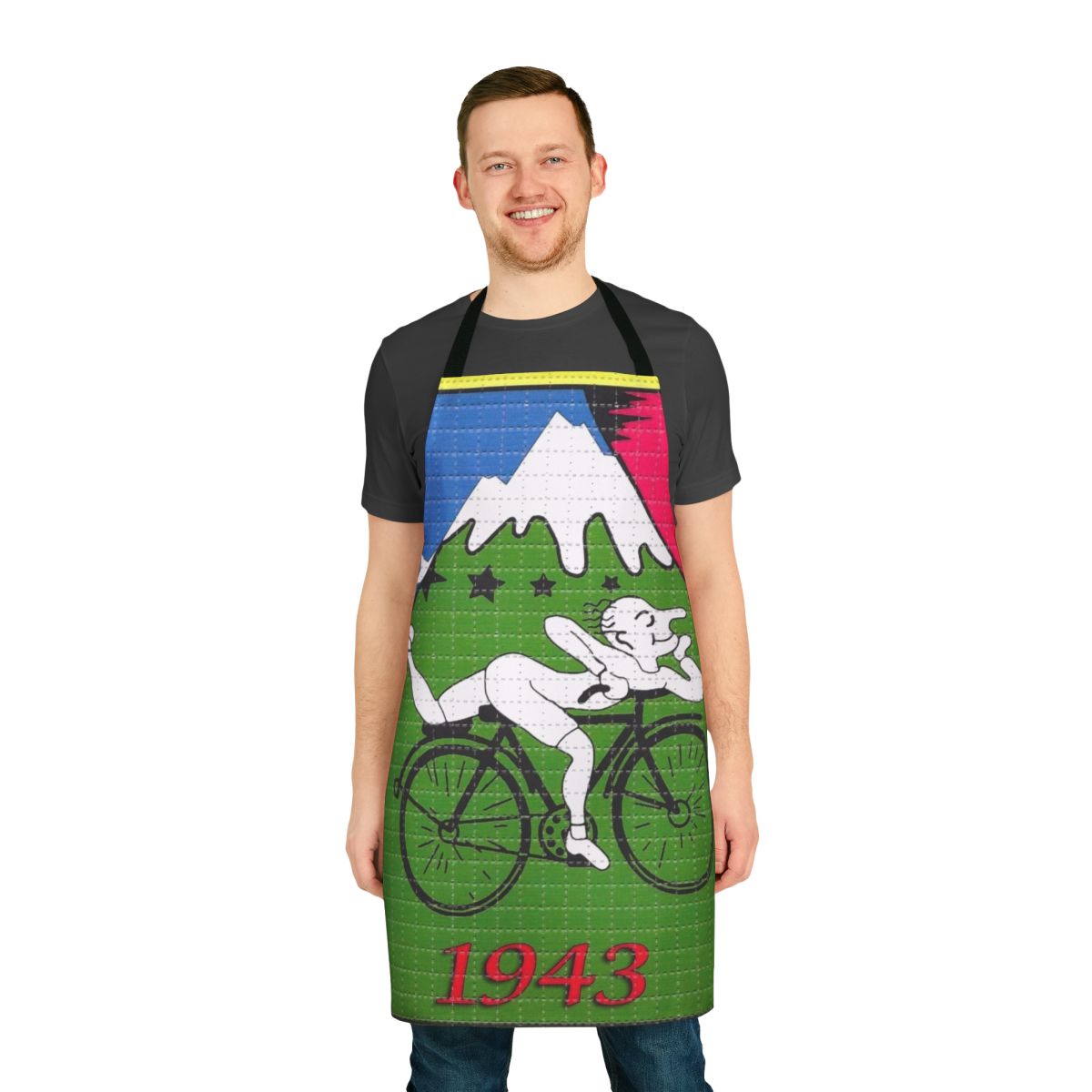 Apron featuring a retro-style design with the words "Bicycle Day" and an illustration of a bicycle, inspired by the discovery of LSD by Albert Hofmann.