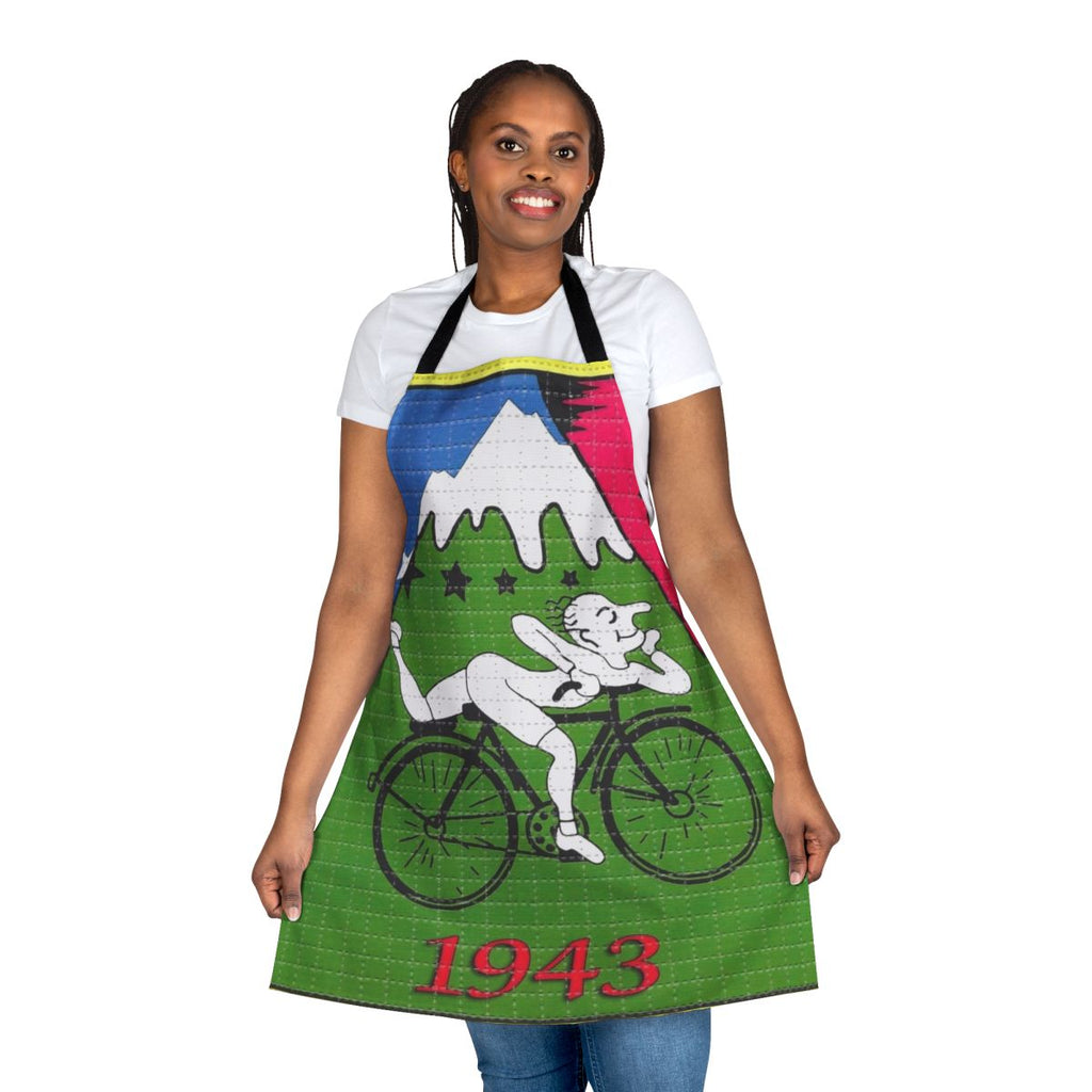 Apron featuring a retro-style design with the words "Bicycle Day" and an illustration of a bicycle, inspired by the discovery of LSD by Albert Hofmann.
