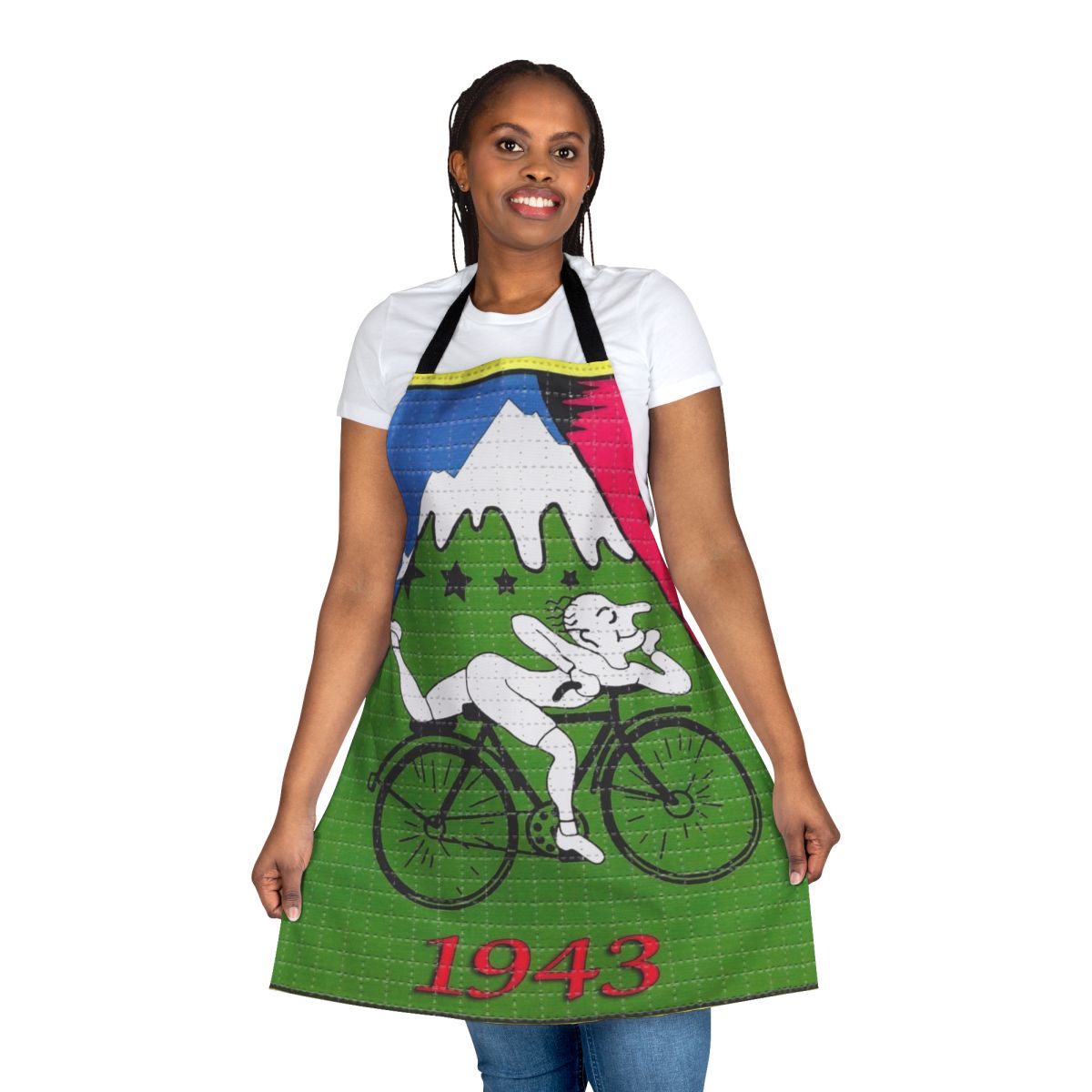 Apron featuring a retro-style design with the words "Bicycle Day" and an illustration of a bicycle, inspired by the discovery of LSD by Albert Hofmann.