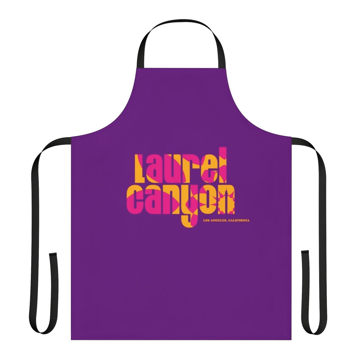 Psychedelic flower-patterned apron in retro 1960s style, referencing Laurel Canyon music scene
