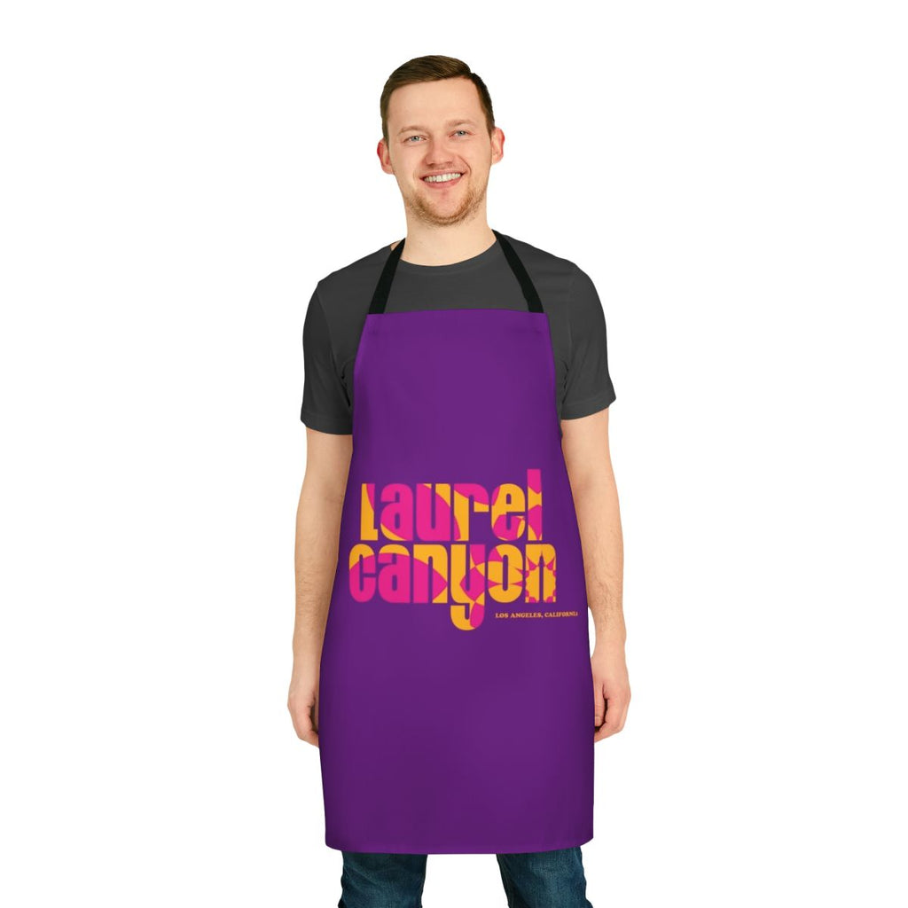Psychedelic flower-patterned apron in retro 1960s style, referencing Laurel Canyon music scene