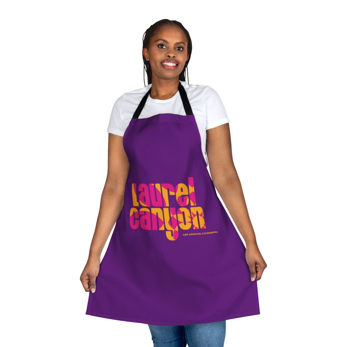 Psychedelic flower-patterned apron in retro 1960s style, referencing Laurel Canyon music scene