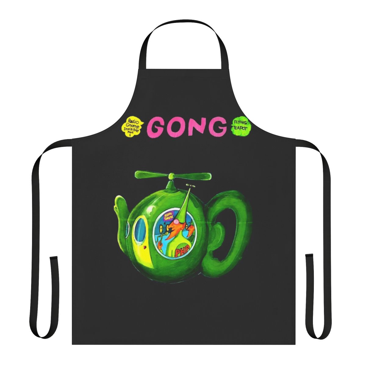 Psychedelic apron with a vintage flying teapot design, perfect for fans of the gong band and classic rock music.