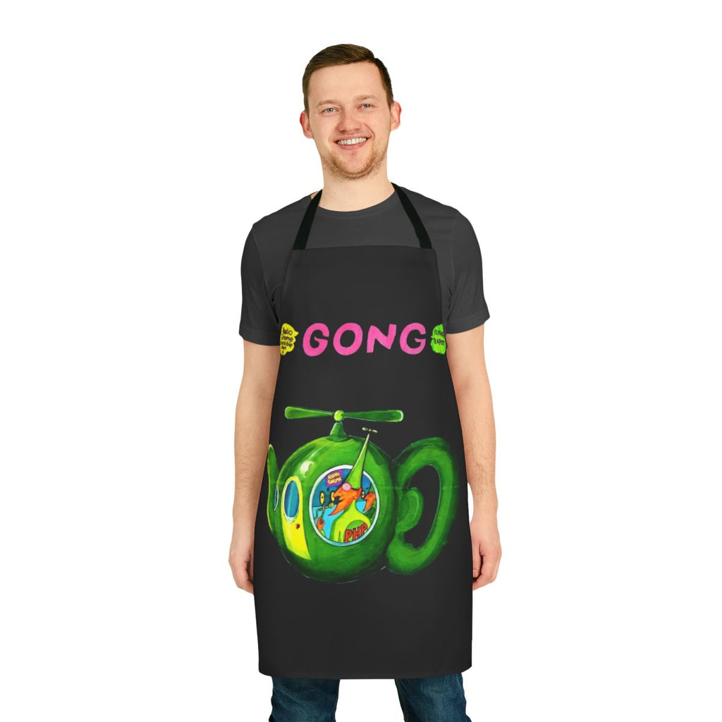 Psychedelic apron with a vintage flying teapot design, perfect for fans of the gong band and classic rock music.