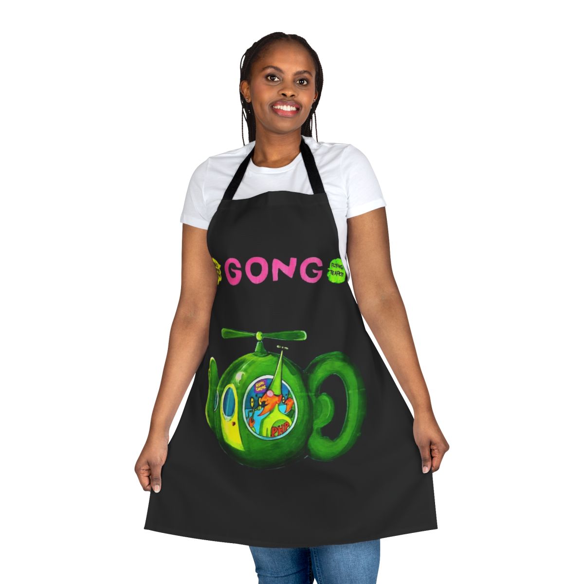 Psychedelic apron with a vintage flying teapot design, perfect for fans of the gong band and classic rock music.