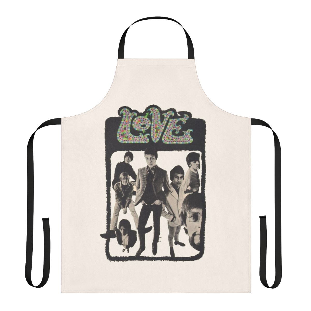 Vintage-style apron featuring psychedelic rock design inspired by the band Love and their 1960s album "Forever Changes"